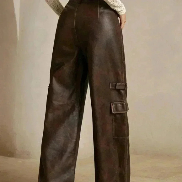 Coffee Brown Casual Women's Merlot Vintage Distressed Faux Cargo Pants - Picture 3 of 6